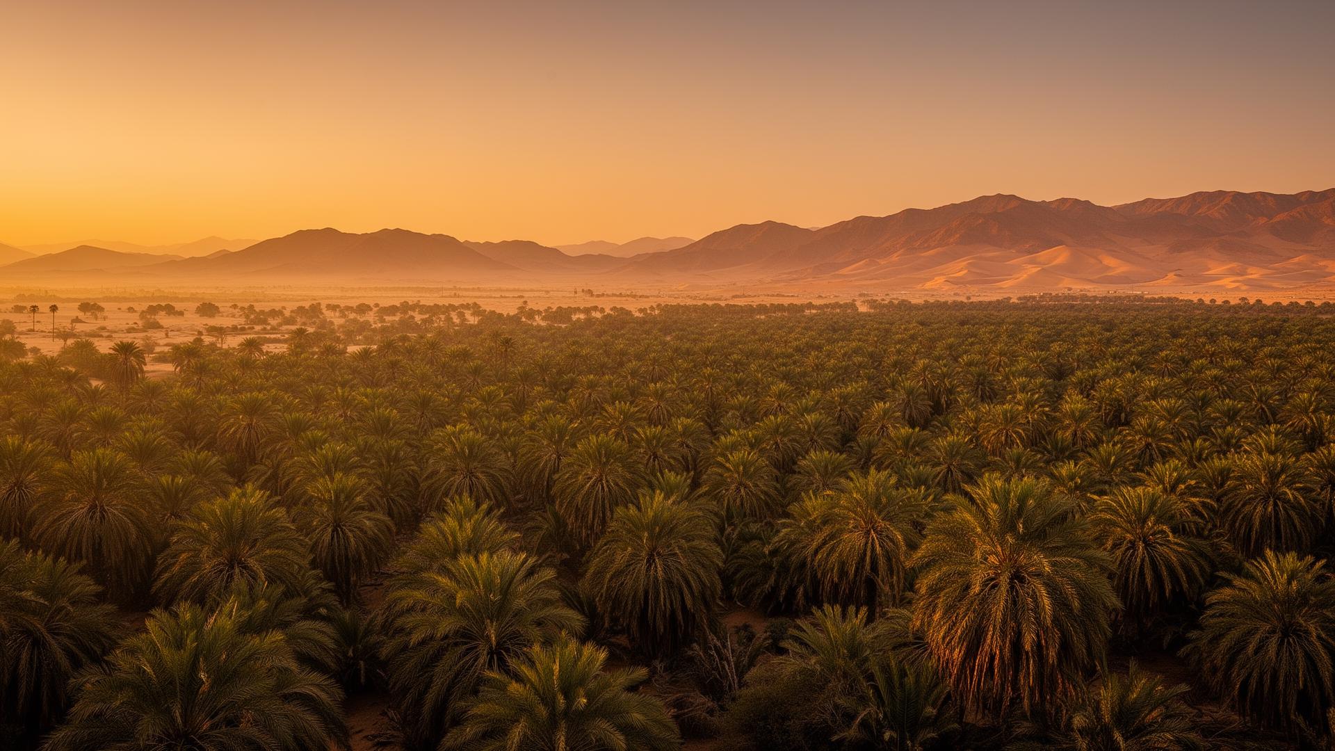 Palm groves at sunset on the Nakheel Al Shorbagy farm